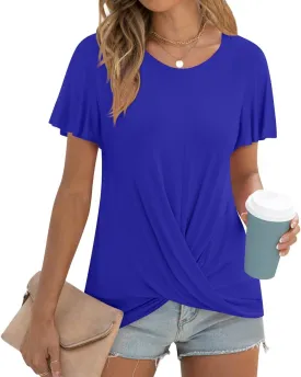 Women's Summer 2025 Casual Tunic Wavy Short Sleeve Blouse Front Twist Tops Tee For Leggings