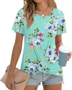 Women's Summer 2025 Casual Tunic Wavy Short Sleeve Blouse Front Twist Tops Tee For Leggings