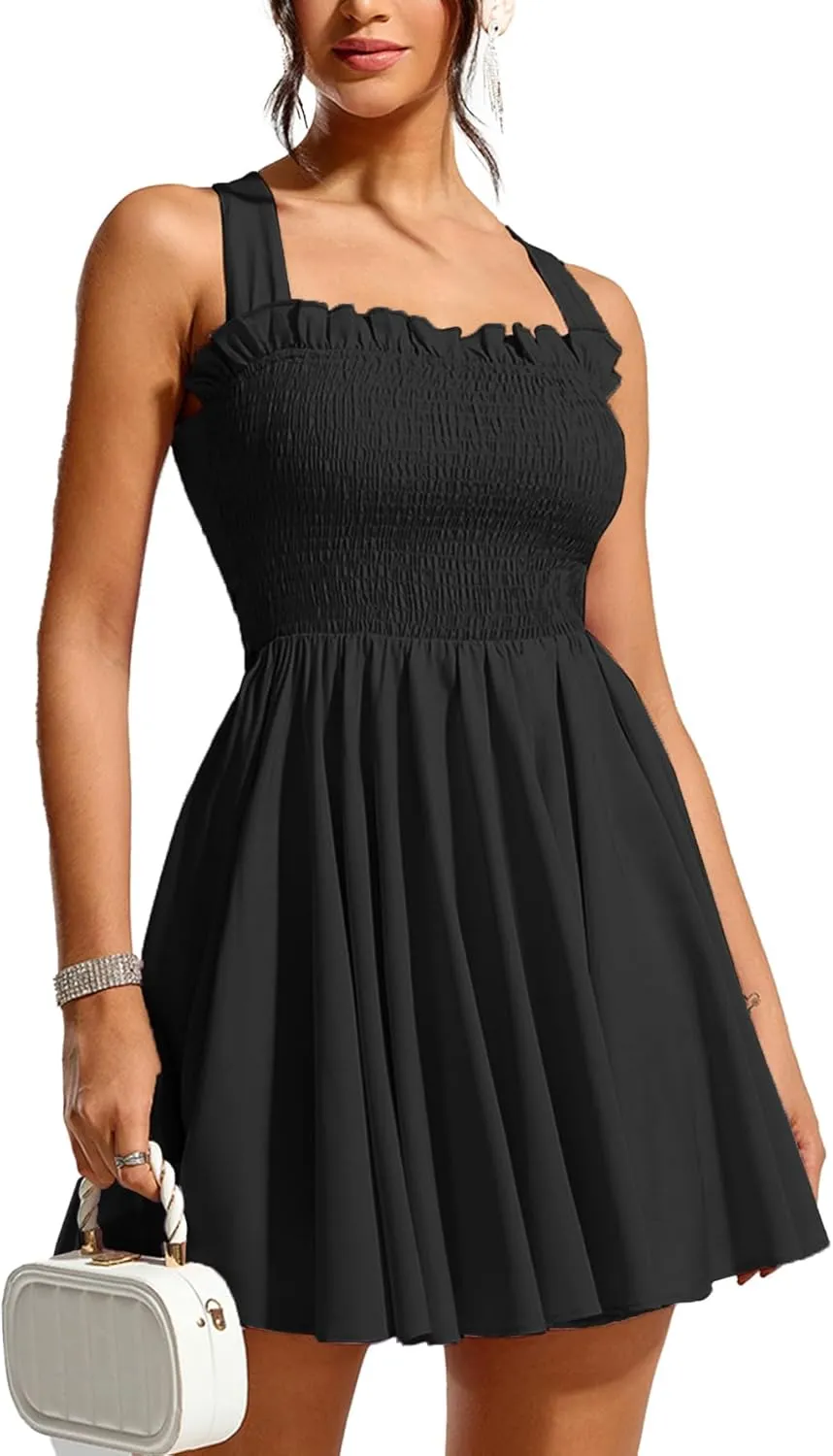 Women's Summer Sexy Wide Strap Cross Back Mini Gong Out Smocked Dress