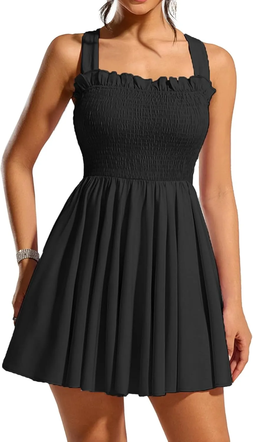 Women's Summer Sexy Wide Strap Cross Back Mini Gong Out Smocked Dress