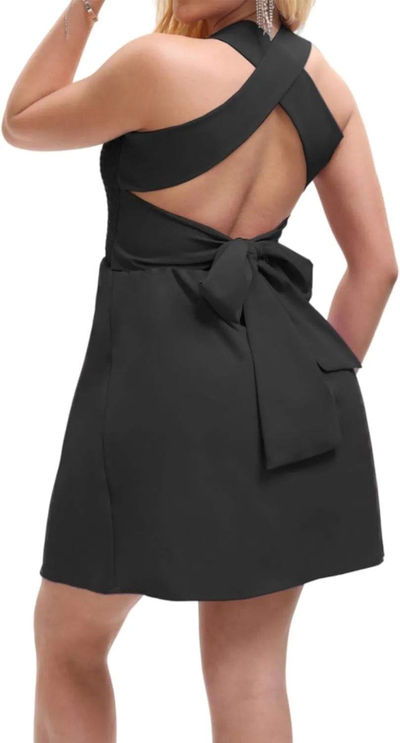 Women's Summer Sexy Wide Strap Cross Back Mini Gong Out Smocked Dress