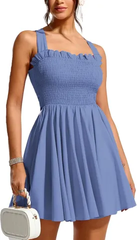 Women's Summer Sexy Wide Strap Cross Back Mini Gong Out Smocked Dress