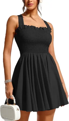 Women's Summer Sexy Wide Strap Cross Back Mini Gong Out Smocked Dress