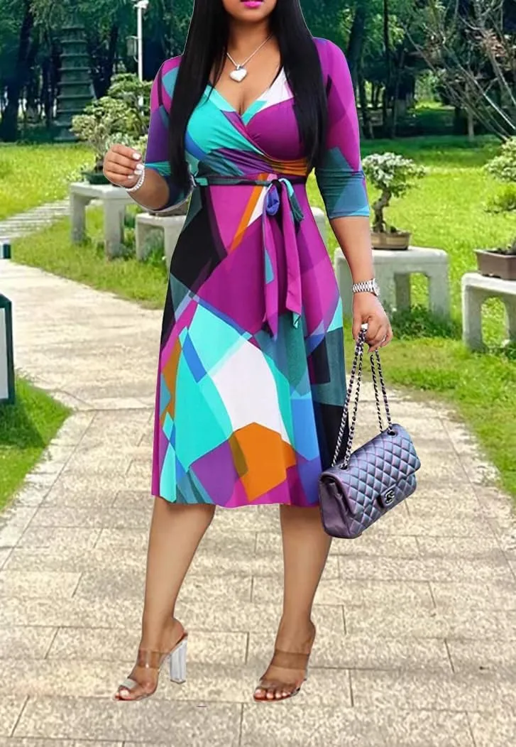 XFT Women's Sexy Casual Deep V-Neck Dress Large Geometric Print 3/4 Sleeve Party Wrap Dress