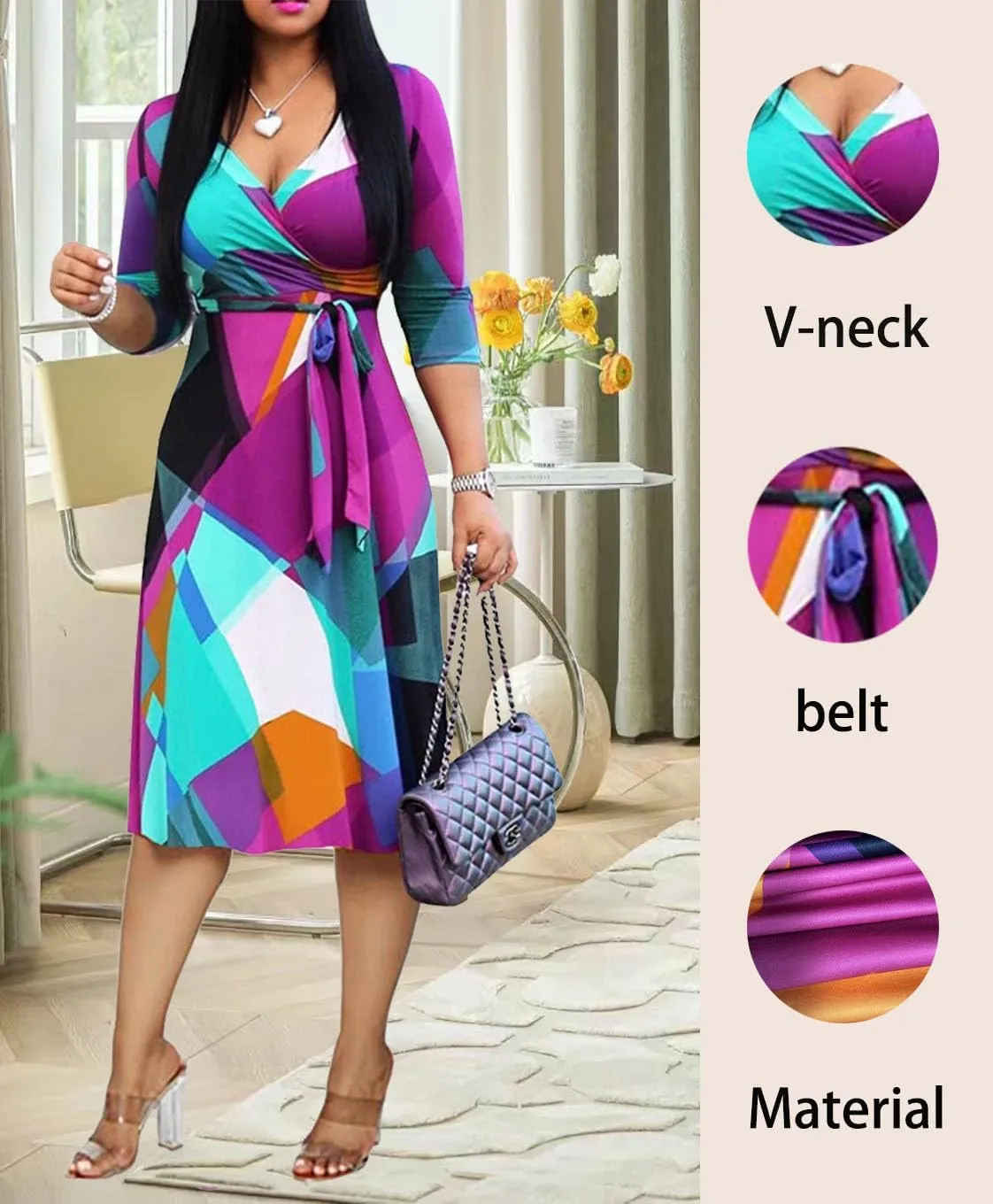 XFT Women's Sexy Casual Deep V-Neck Dress Large Geometric Print 3/4 Sleeve Party Wrap Dress