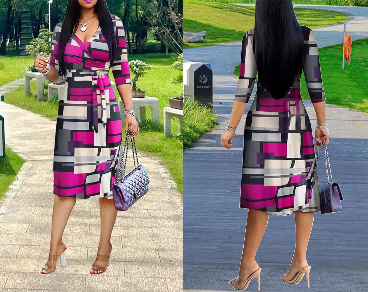XFT Women's Sexy Casual Deep V-Neck Dress Large Geometric Print 3/4 Sleeve Party Wrap Dress