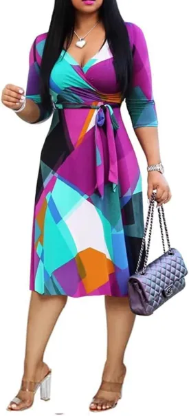 XFT Women's Sexy Casual Deep V-Neck Dress Large Geometric Print 3/4 Sleeve Party Wrap Dress