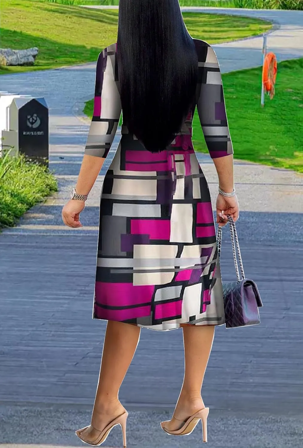 XFT Women's Sexy Casual Deep V-Neck Dress Large Geometric Print 3/4 Sleeve Party Wrap Dress