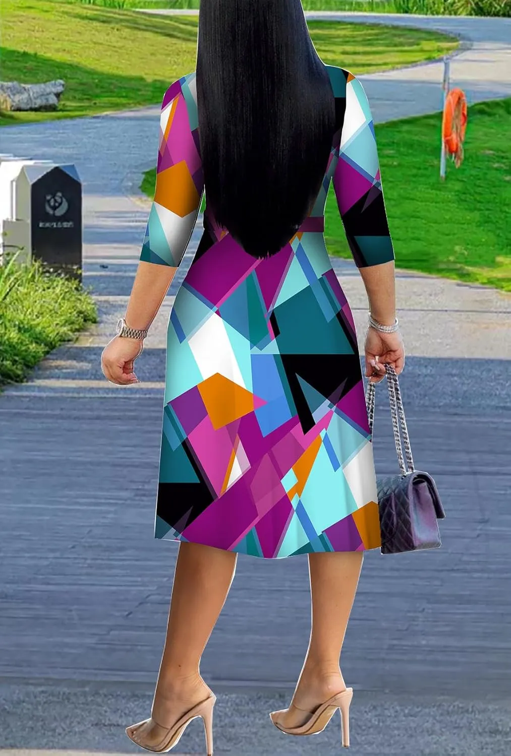 XFT Women's Sexy Casual Deep V-Neck Dress Large Geometric Print 3/4 Sleeve Party Wrap Dress