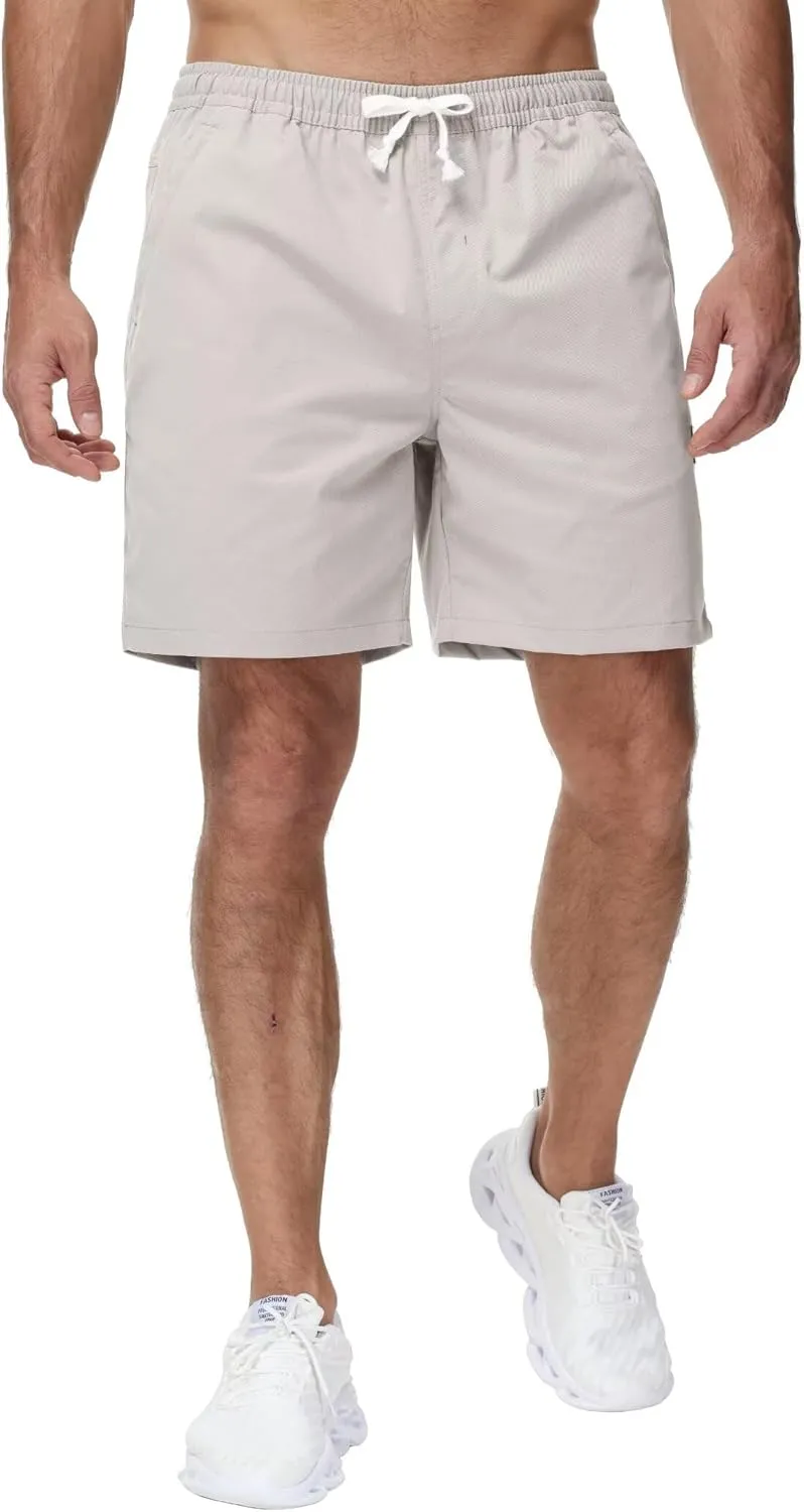 Yundobop Men's Casual 7 Inch Shorts Twill Drawstring Summer Beach Stretch Golf Shorts with Zipper Pockets