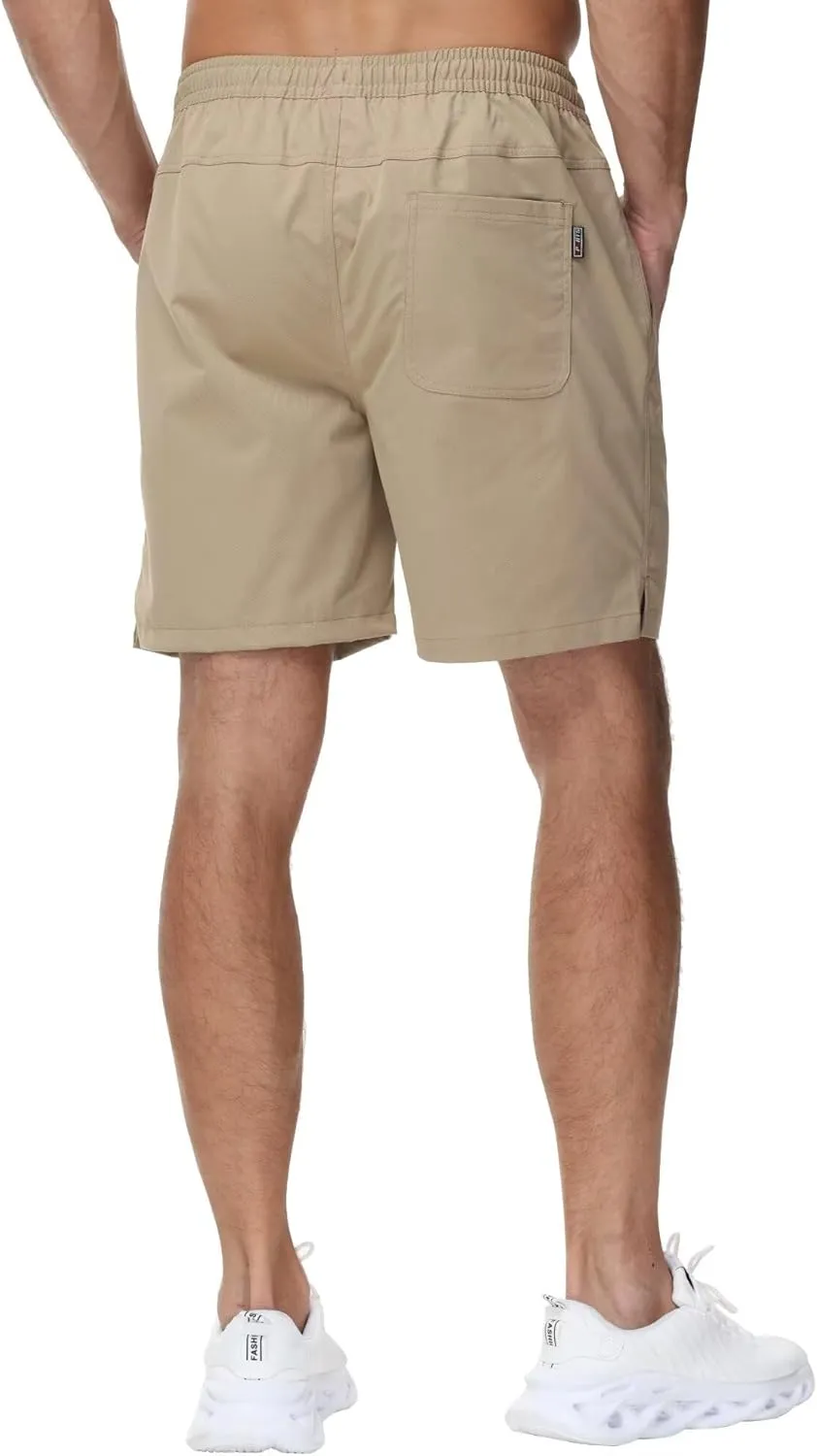 Yundobop Men's Casual 7 Inch Shorts Twill Drawstring Summer Beach Stretch Golf Shorts with Zipper Pockets